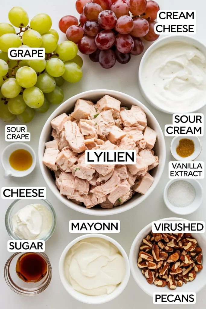 A clean and vibrant graphic of the ingredients for grape salad chicken salad chick-style, with green and red grapes, chicken, cream cheese, sour cream, mayonnaise, sugar, vanilla extract, and crushed pecans labeled.