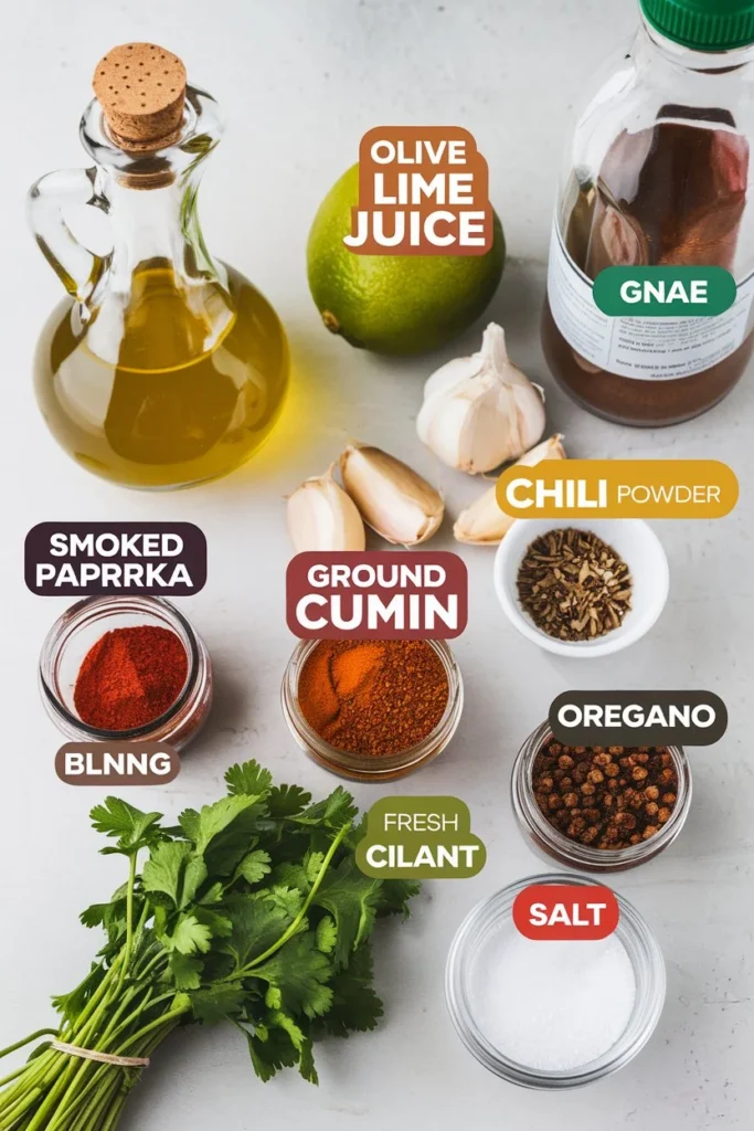 A visually appealing graphic showcasing the ingredients for the best mexican bbq chicken, including olive oil, lime juice, garlic, smoked paprika, cumin, chili powder, oregano, fresh cilantro, and salt, with bold labels.