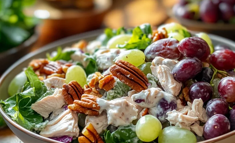 A close-up of a grape salad chicken salad chick-style, featuring fresh green and red grapes, diced chicken, creamy dressing, and crushed pecans in a gourmet presentation on a wooden countertop.