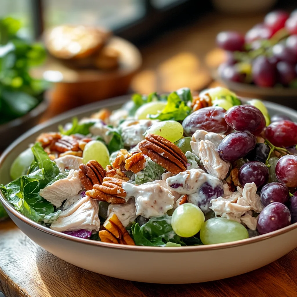 A close-up of a grape salad chicken salad chick-style, featuring fresh green and red grapes, diced chicken, creamy dressing, and crushed pecans in a gourmet presentation on a wooden countertop.