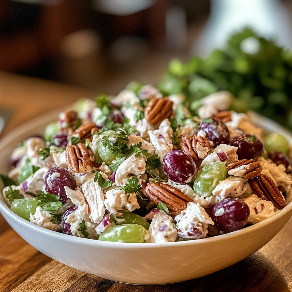 A close-up of a grape salad chicken salad chick-style, featuring fresh green and red grapes, diced chicken, creamy dressing, and crushed pecans in a gourmet presentation on a wooden countertop