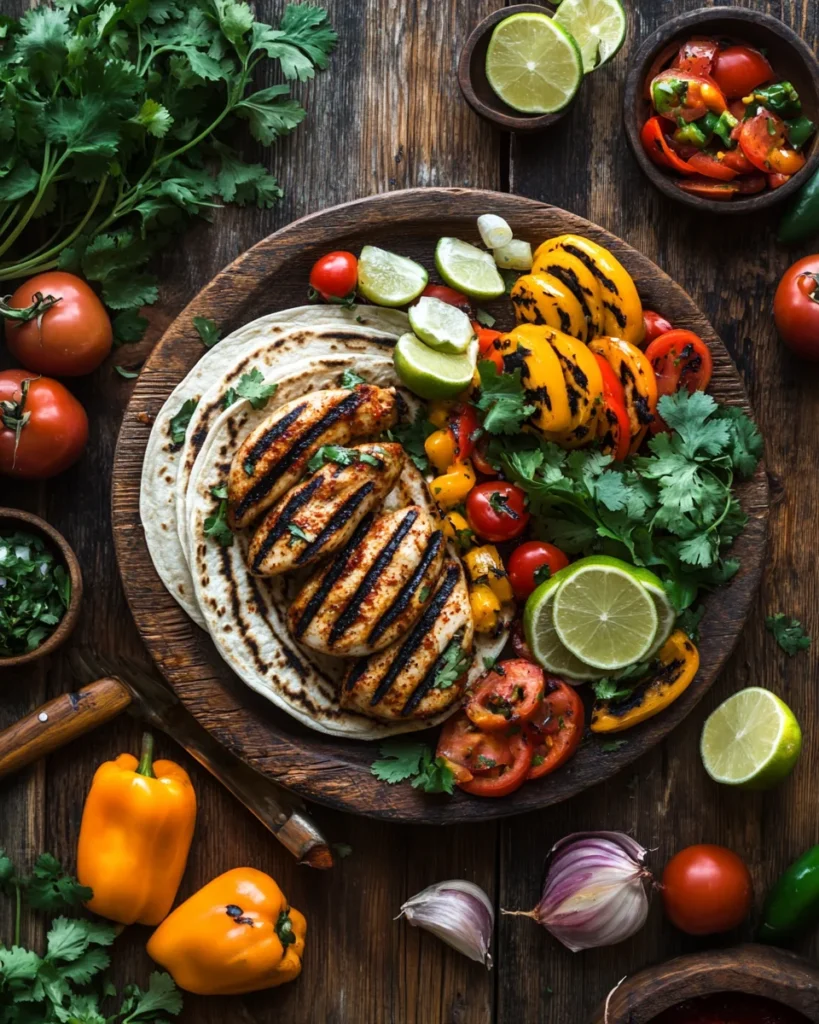 A close-up of grilled mexican bbq chicken in a vibrant Mexican-style marinade, served with fresh lime wedges, colorful vegetables, and garnished with cilantro on a rustic wooden plate